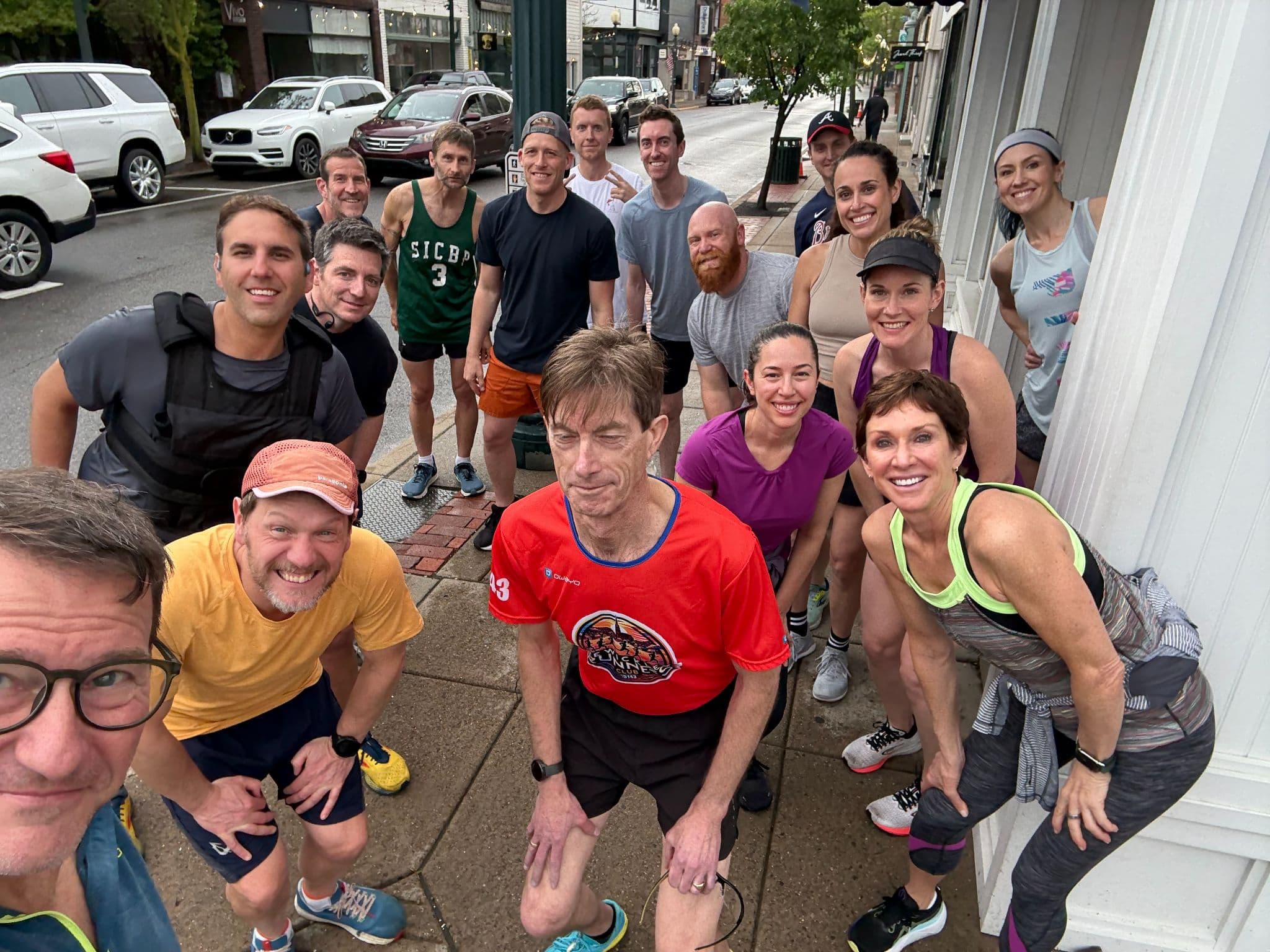 Sewickley Run Club group selfie on Beaver Avenue on a summer evening